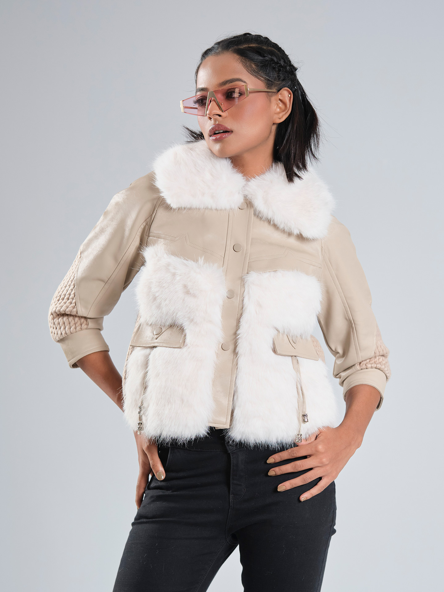 Ladies' Faux Fur & Quilted Beige Jacket | adlib