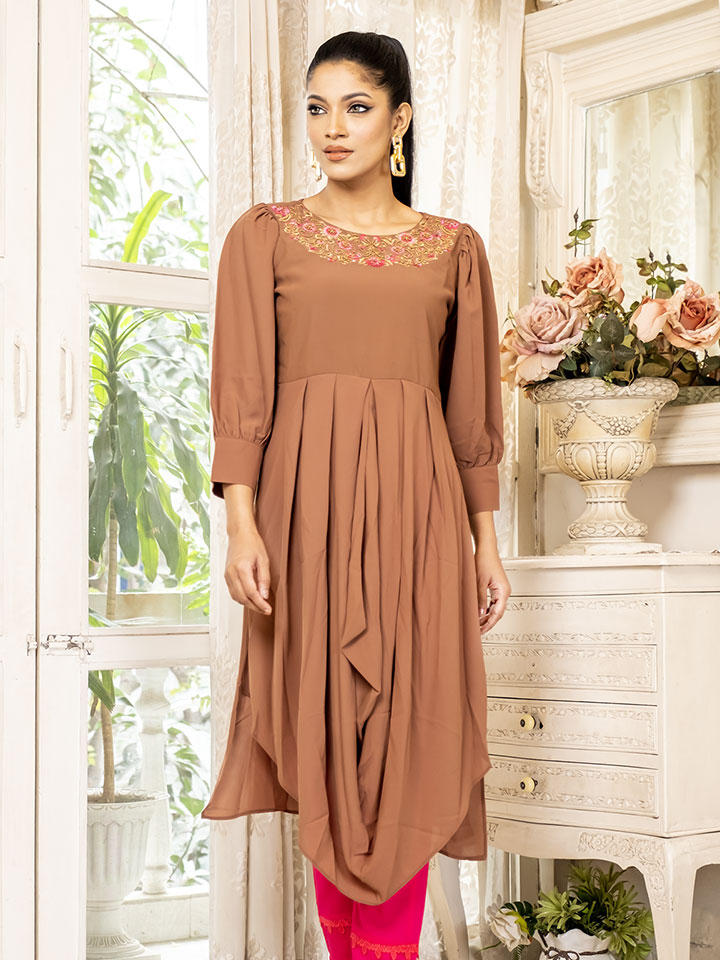 Coffee Color Printed With Embroidery Design Ladies Kurti 