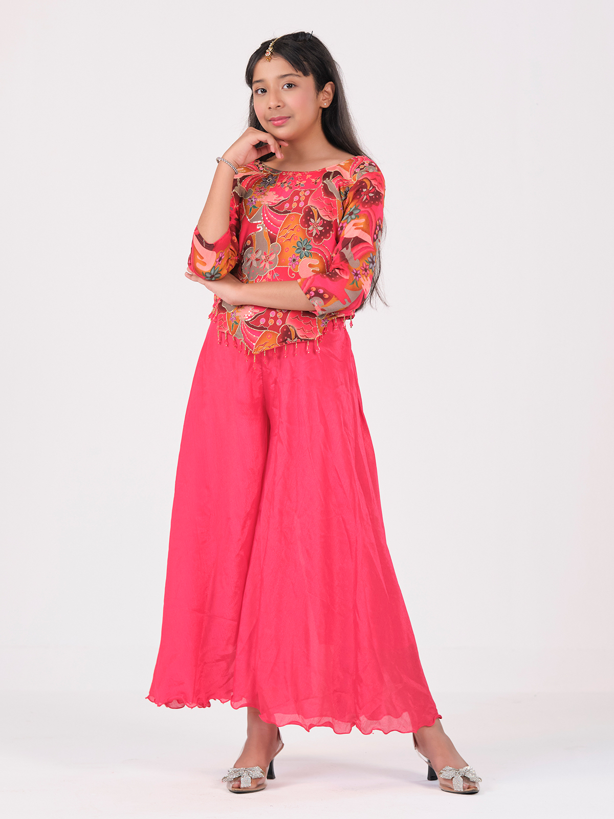 adlib Premium Girls Kurti Set – Floral Printed Coral Pink Designer Outfit