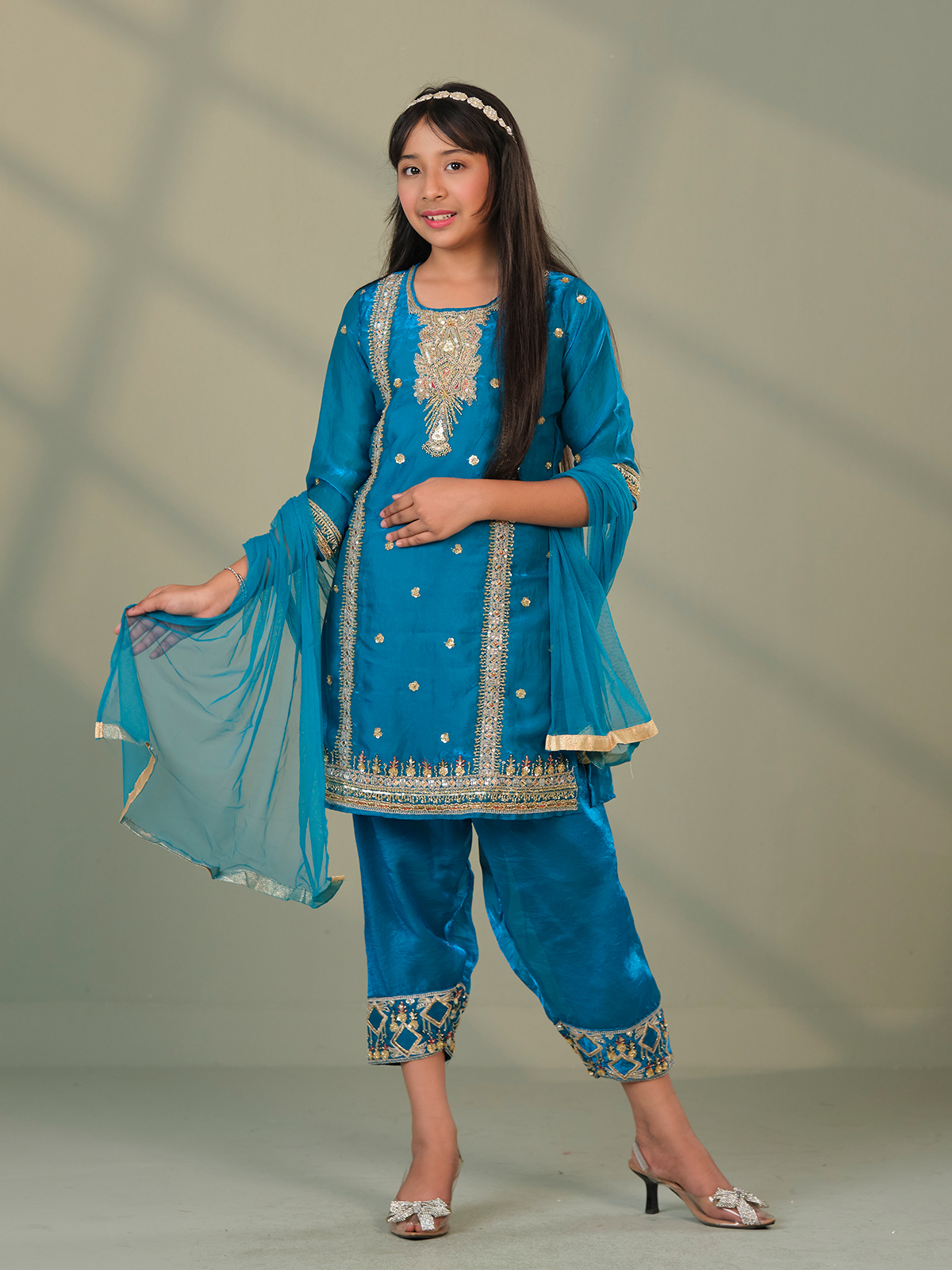 adlib Premium Girls Kurti Set – Teal Blue Embroidered Designer Outfit