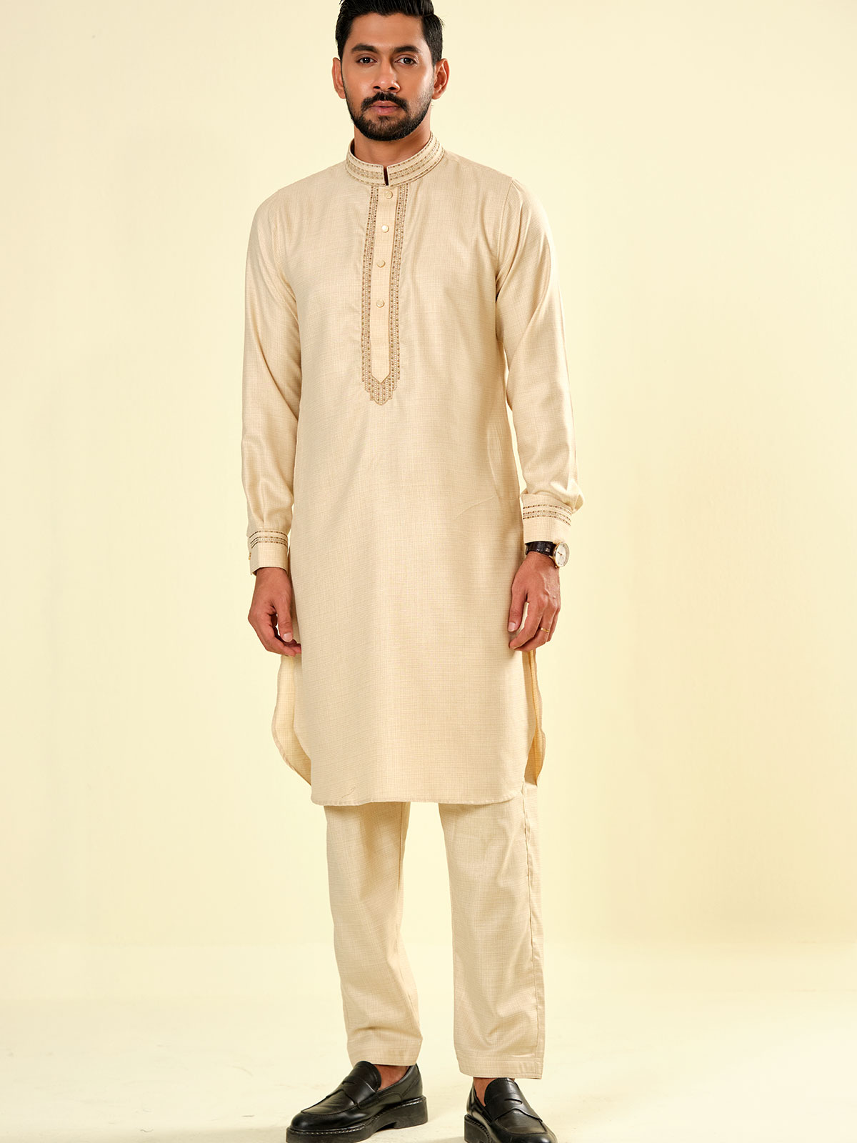 Men’s Premium Light Cream Embroidered Kabli Set | adlib