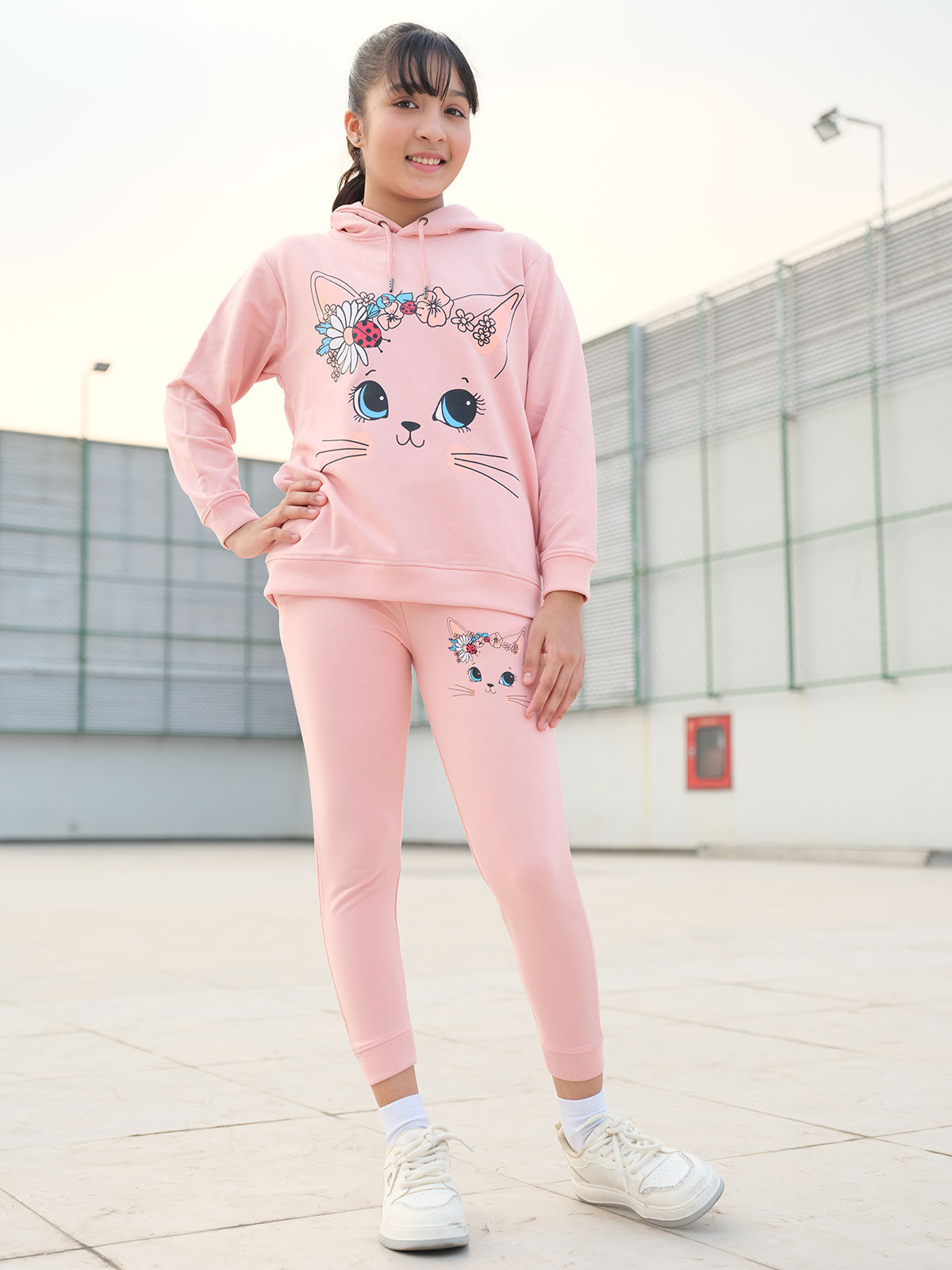 Girls Winter Hoodie Tracksuit Set with Cartoon Print – Pink | adlib