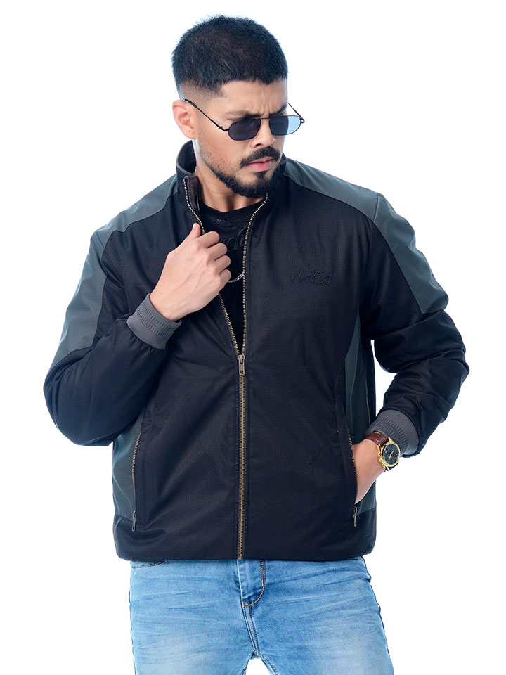 Men's Black & Grey Color Block Winter Jacket | adlib