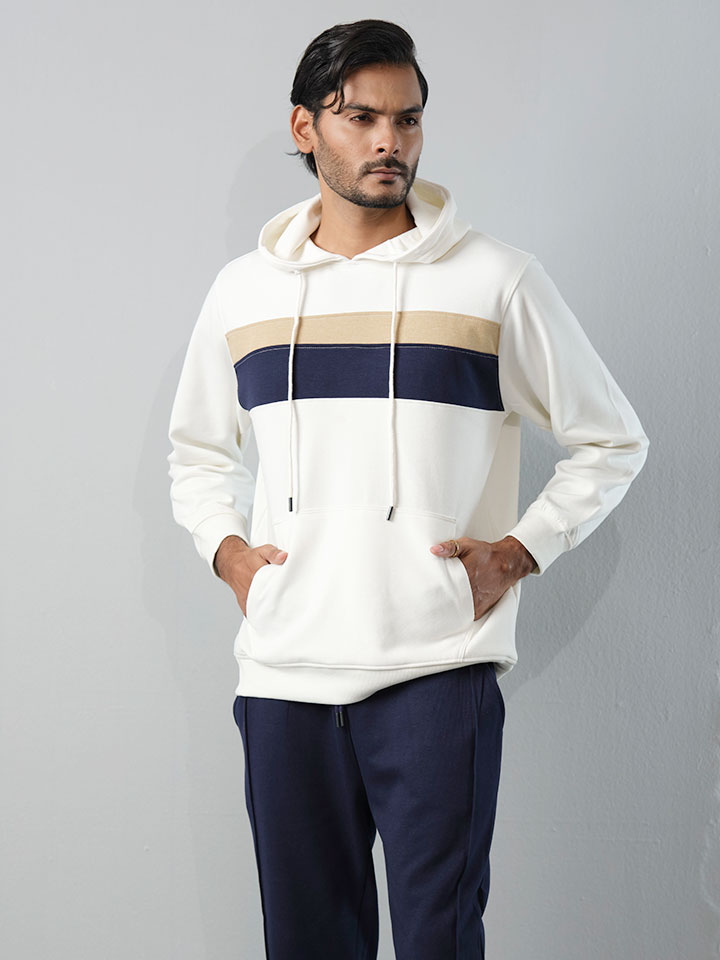 Men's White Color-Block Hoodie Track Suit | adlib